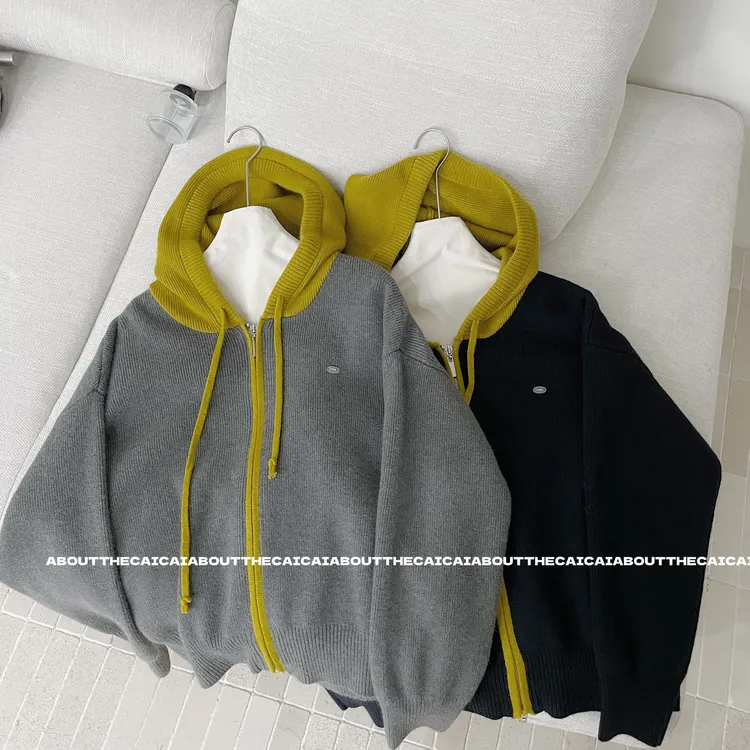 CAICAI撞色连帽加厚开衫毛衣女秋冬新款韩系简约休闲保暖针织衫