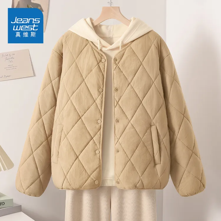 真维斯棉服女款冬季2025新款夹棉外套无领轻薄菱格棉衣保暖舒适