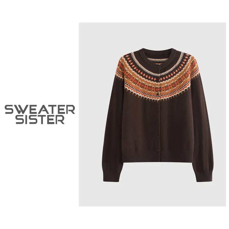 北欧复古提花针织衫Ju火圆领费尔岛羊毛开衫女066-1036