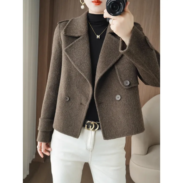 正品双面羊绒大衣女短款2025年新款小个子西装领加厚毛呢外套加厚