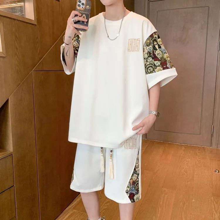 男休闲运动国风套装男大学生套装潮流印花韩版时尚大码宽松显瘦夏