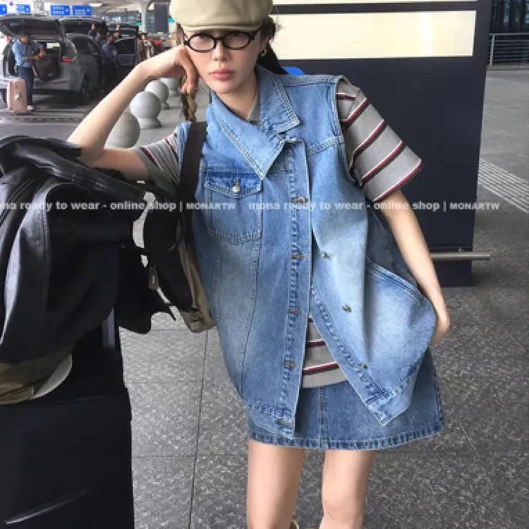 MONA 复古潮流酷飒风 牛仔马甲外套 高腰半裙女小个子 2025新款