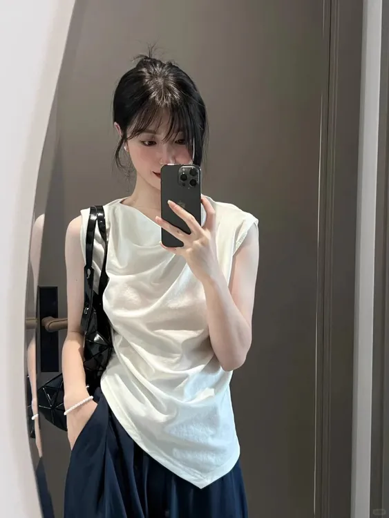 时尚雪花天丝t恤女夏季2025新款设计感小众独特修身显瘦无袖上衣