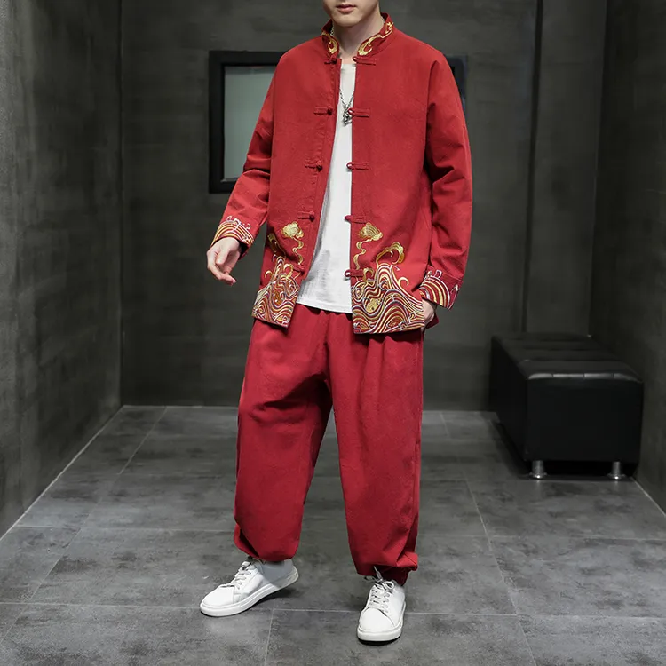 唐装汉服中国风复古男装外套春秋季新中式刺绣立领盘扣夹克两件套