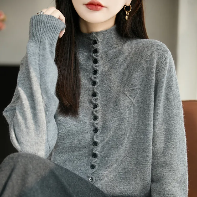 复古花边纽扣半高领针织衫毛衣女25秋冬新款加厚洋气显瘦内搭上衣