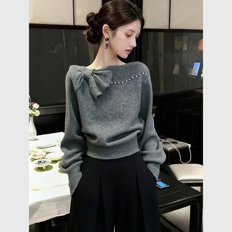 毛衣女款2025新款秋冬巨好看气质高端灰色蝴蝶结内搭针织衫上衣厚