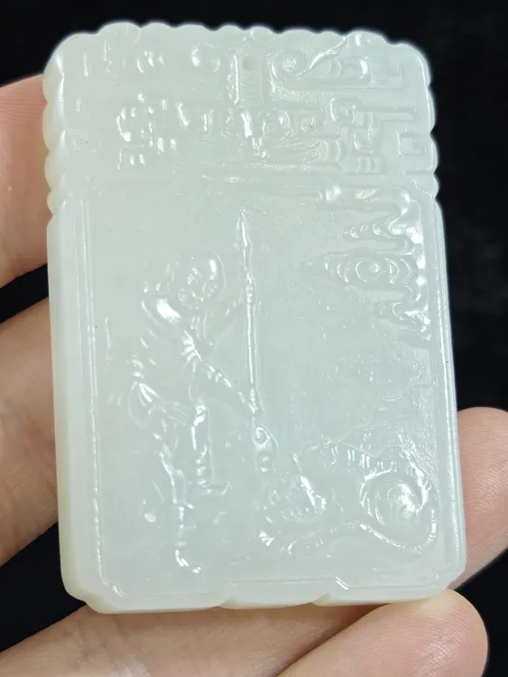 旧藏天然和田玉伏虎罗汉子冈玉牌50克55*38*8mm
