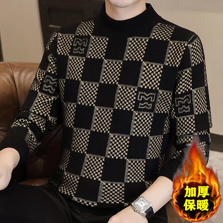 冬季新款高档男士加厚保暖长袖针织毛衣圆领针织衫提花保暖打底衫