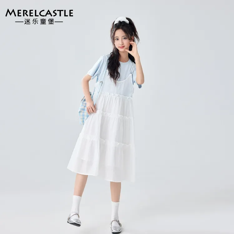 夏季短袖A字裙女极简风T裙连衣裙休闲女童假两件莱赛尔连衣裙