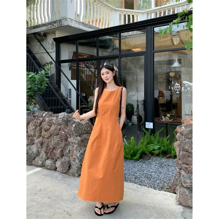 甜橘之下小个子无袖花苞背心裙连衣裙气质长裙女显瘦时尚休闲夏季