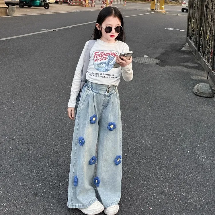 女童春装裤子春秋款2025新款大童女孩春季初中生阔腿裤儿童牛仔裤