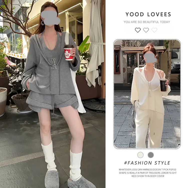 灰色慵懒风套装女春秋纯欲内搭上衣连帽长袖卫衣甜辣妹短裤三件套