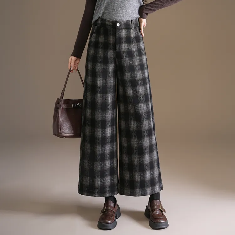 2025新款格子阔腿裤九分裤高腰秋冬休闲裤毛呢百搭宽松冬季