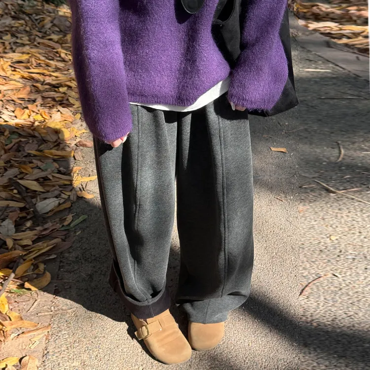 美式复古休闲香蕉弯刀裤女秋冬2025新款深灰色毛呢加绒加厚阔腿裤