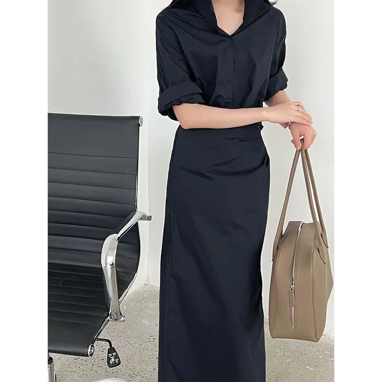 网红洋气韩版设计感系带V领收腰连衣裙女夏季新款显瘦衬衫长裙子