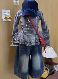 【D.D.M】条纹米奇  韩系女宝2025秋季新款长袖花边屁帘条纹上衣 59