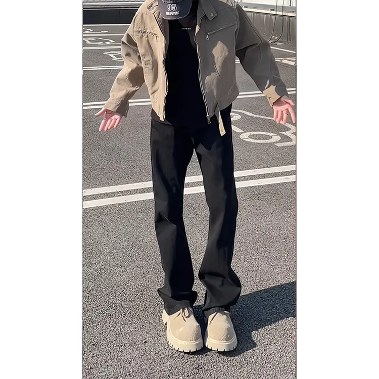 美式复古黑色cleanfit微喇牛仔裤男款秋冬加绒显高显瘦显腿长裤子