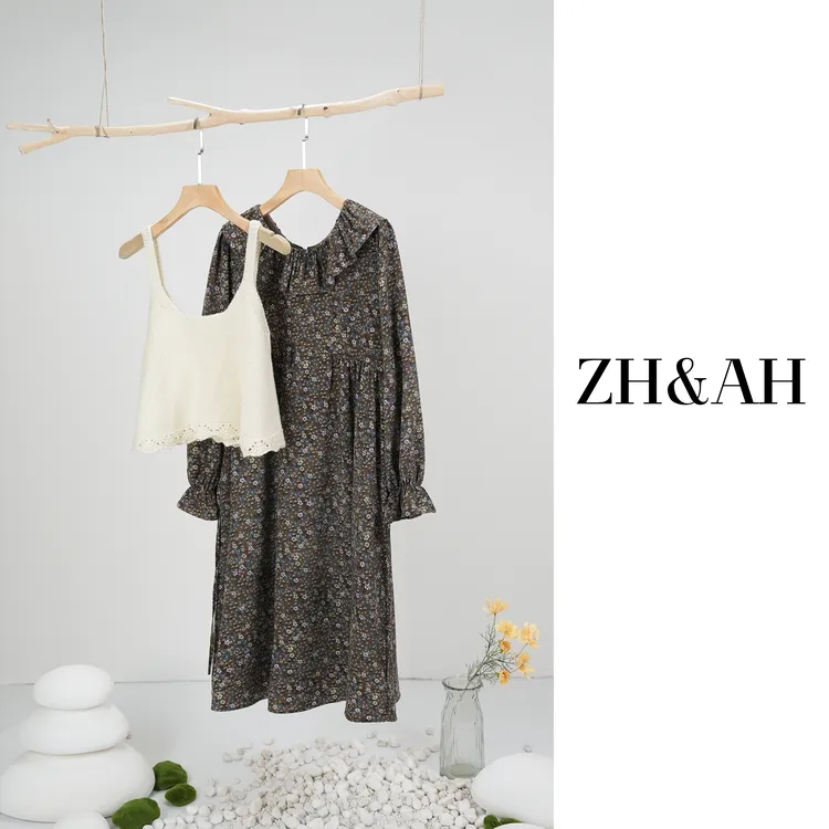 ZH&AH【日落遐想】秋季新款时尚气质百搭复古减龄娃娃领碎花套装裙