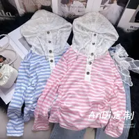 〖ANDI〗订制春季新款女童韩系条纹蕾丝连帽T桖3540