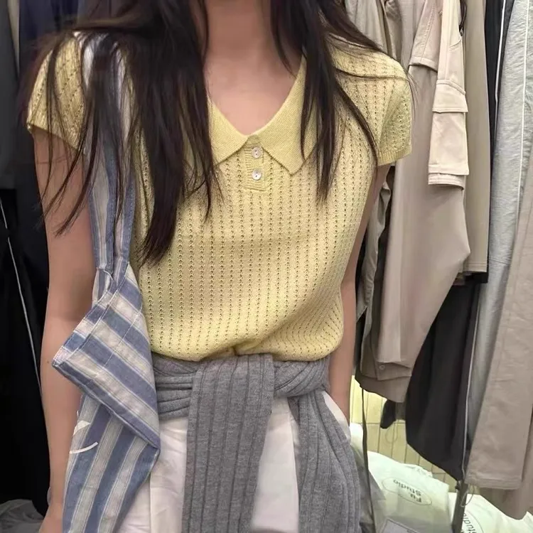 polo领针织t恤女短款2025夏季新款设计感修身正肩掐腰