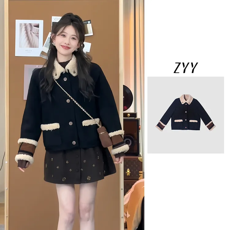 ZYY【罗马画报】2025S/S羊羔毛麂皮绒翻领羊羔毛两穿X25DDY05472