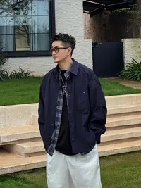 XDZZ二狗25ss秋季百搭高街宽松假两件设计格子衬衫外套C189