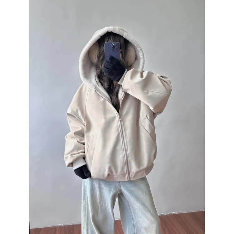 荔枝纹皮1500G连帽座山雕PU皮外套男女冬季加绒加厚皮衣毛领棉衣