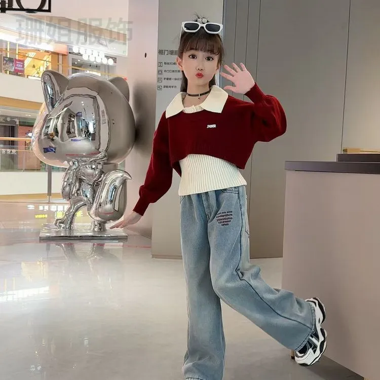 2025秋冬新款阔腿针织设计感翻领宽松牛仔喇叭裤初中生秋季套装韩