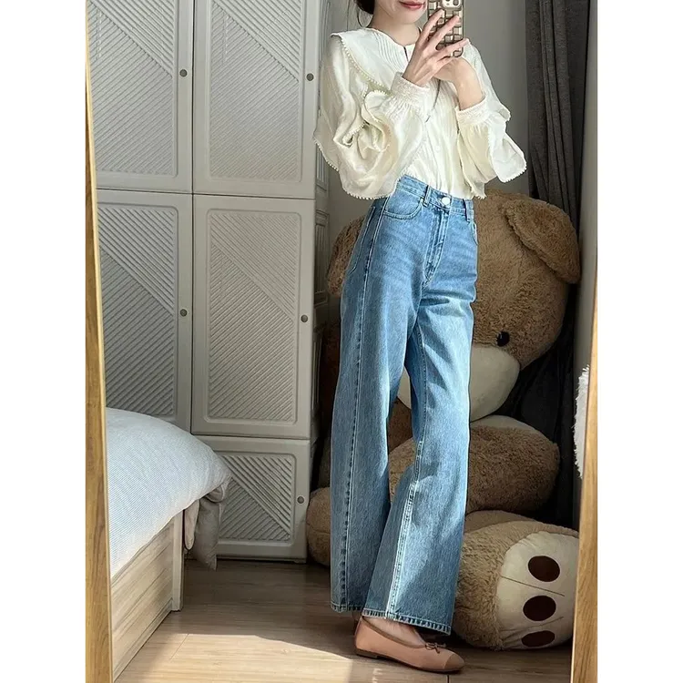 法式知性气质衬衫通勤阔腿牛仔裤纯欲风套装减龄小个