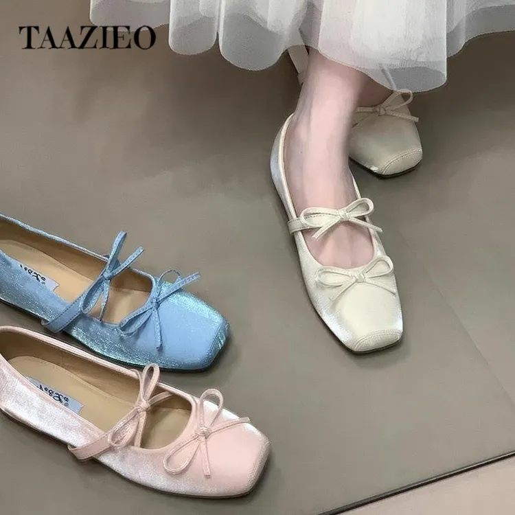TAAZIEO法式蝴蝶结芭蕾舞鞋内增高2025平底温柔晚风浅口玛丽单鞋