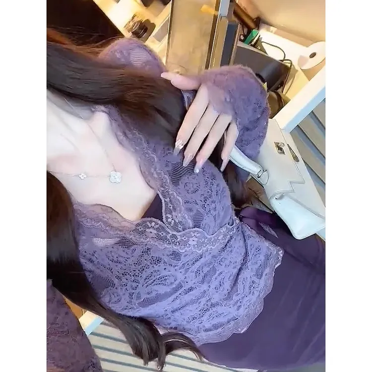 法式气质双面磨毛吊带连衣裙女秋冬新款绑带显瘦长袖蕾丝开衫套装