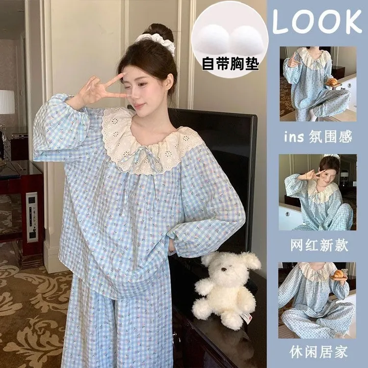 100%云朵棉带胸垫睡衣简约韩版网红ins家居服睡衣女春秋5A小清新