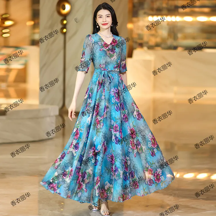 香衣丽华08-361夏季新款短袖V领花色大摆长款连衣裙修身显瘦长裙
