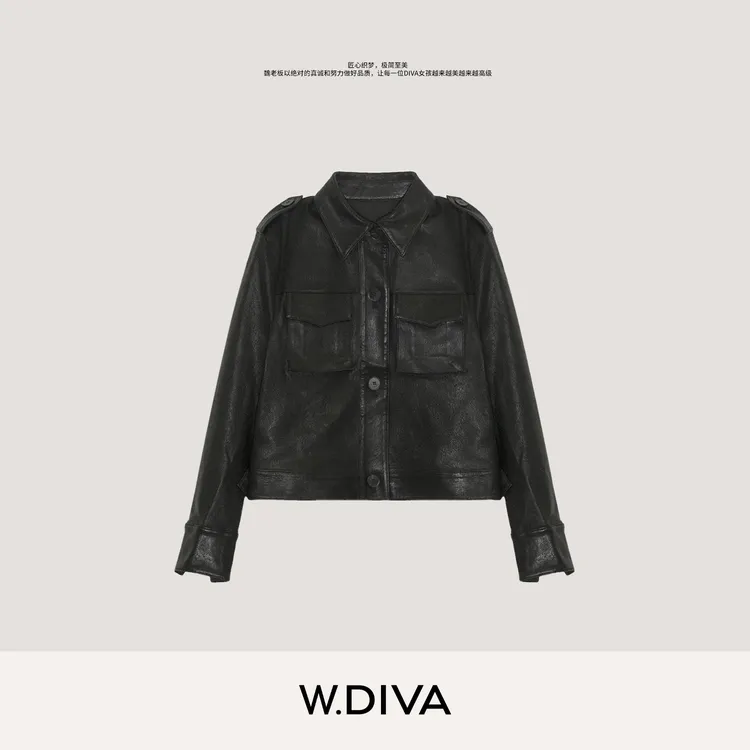 W.Diva【复古断奏】法国进口弹力头层小羊皮翻领夹克外套53C112623