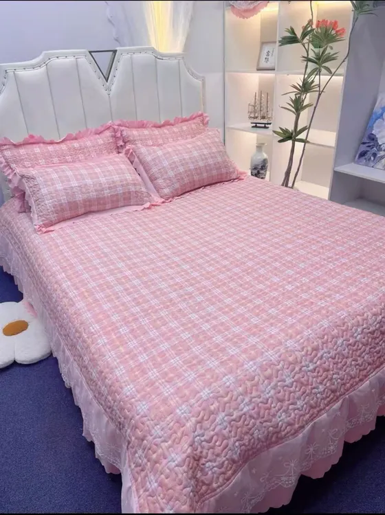 2025春夏新款双层纱床盖床单夹棉加棉绗缝韩式蕾丝边四季通用亲肤