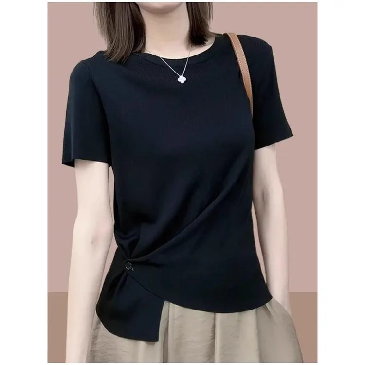 侧纽扣冰丝针织衫短袖t恤上衣女士2025爆款设计感休闲百搭打底衫