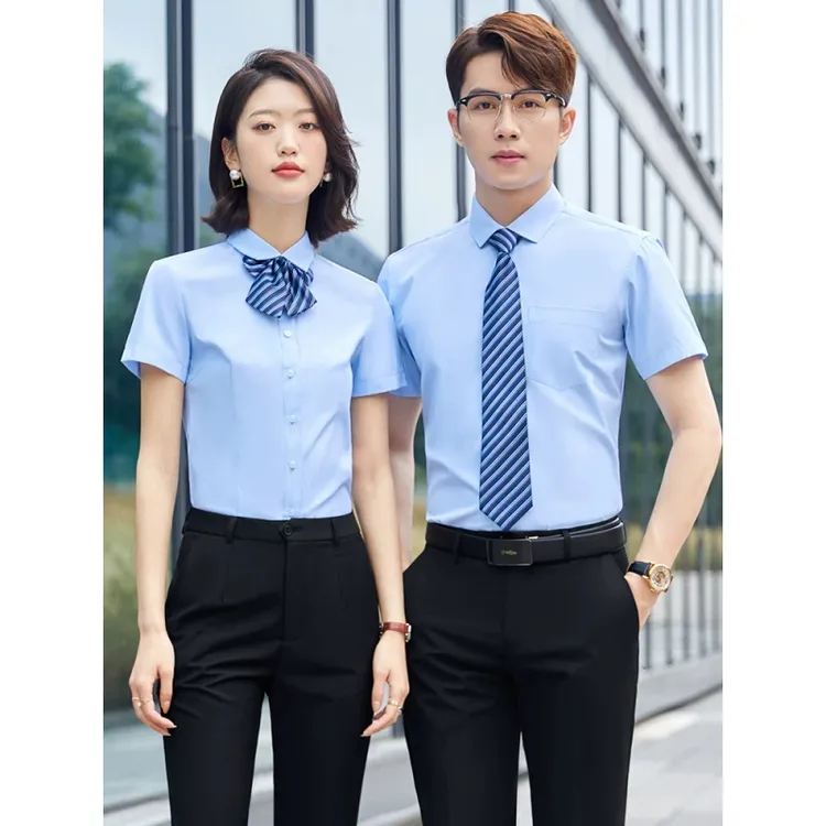 蓝色职业衬衫时尚工作服4S店工装气质正装短袖V领衬衣夏季印修身