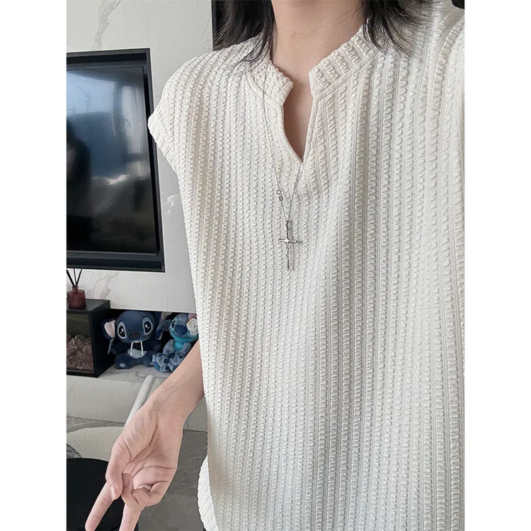 美式肌理凉感V领背心男款潮流痞帅风夏季无袖t恤健身运动坎肩汗衫