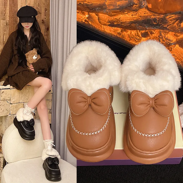 加绒高帮棉鞋女冬季外穿厚底保暖防滑防水PU皮毛绒翻口百搭棉拖鞋