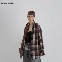 LEDIM WANG白标/压褶格纹长袖衬衣女25冬季新款红色叠穿宽松上衣