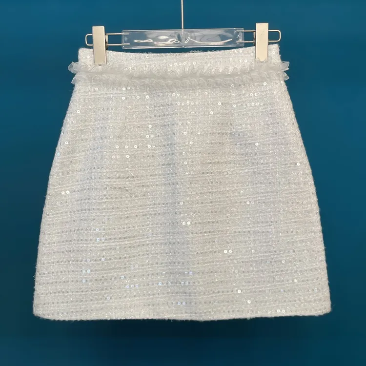 2025年秋季白色新款轻奢亮片荷叶边小香风百搭气质显瘦高腰裙女