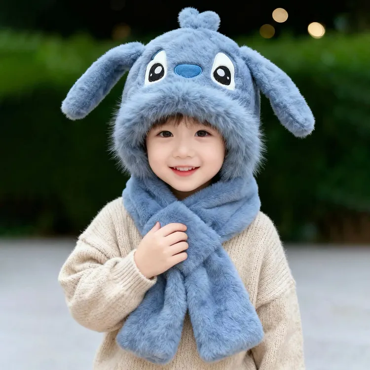 宝宝帽子围巾一体帽男童耳朵会响会动女童毛绒帽秋冬季宝宝保暖帽