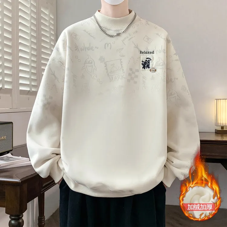 半高领加绒加厚卫衣男款秋冬季潮牌卡通动漫青少年内搭打底衫上衣