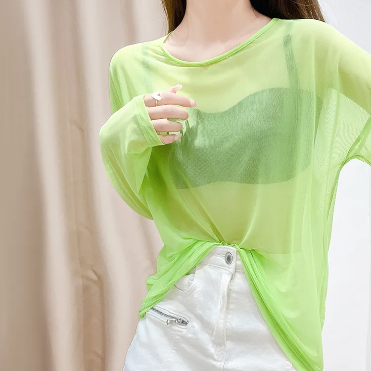 冰丝防晒t恤女爆款夏季薄款微透宽松慵懒风外搭长袖套头罩衫上衣