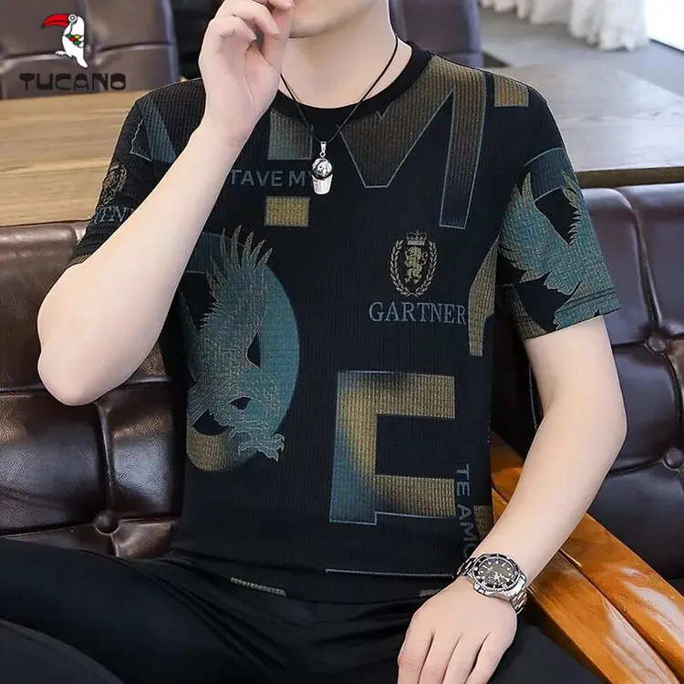 啄木鸟夏季男士薄款冰丝圆领印花短袖时尚宽松休闲百搭大码韩版帅