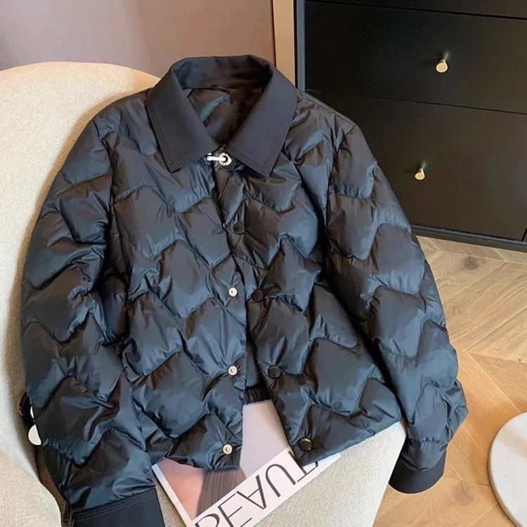 韩系穿搭小个子轻薄翻领菱格棉服外套2025秋冬时尚气质高级感棉衣