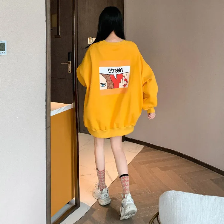 2025韩系秋冬装黄色卫衣女时尚新款宽松慵懒风中长款加绒潮牌上衣