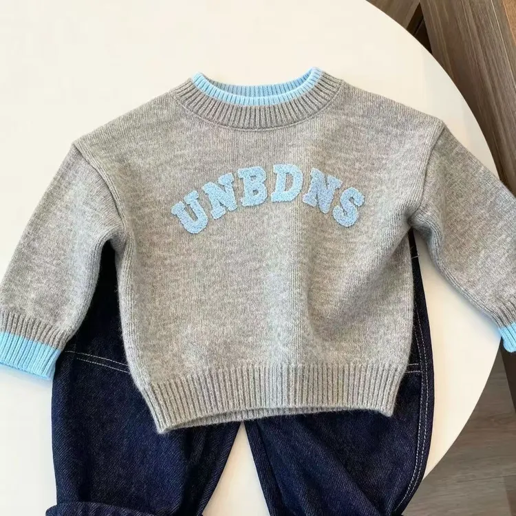 秋冬新品韩版男童字母刺绣毛衣套头衫2025新款女童拼色针织衫