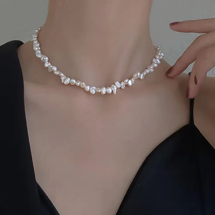 链子925银 【小璇推荐】925银37孔巴洛克项链巴洛克异形白光珠项链