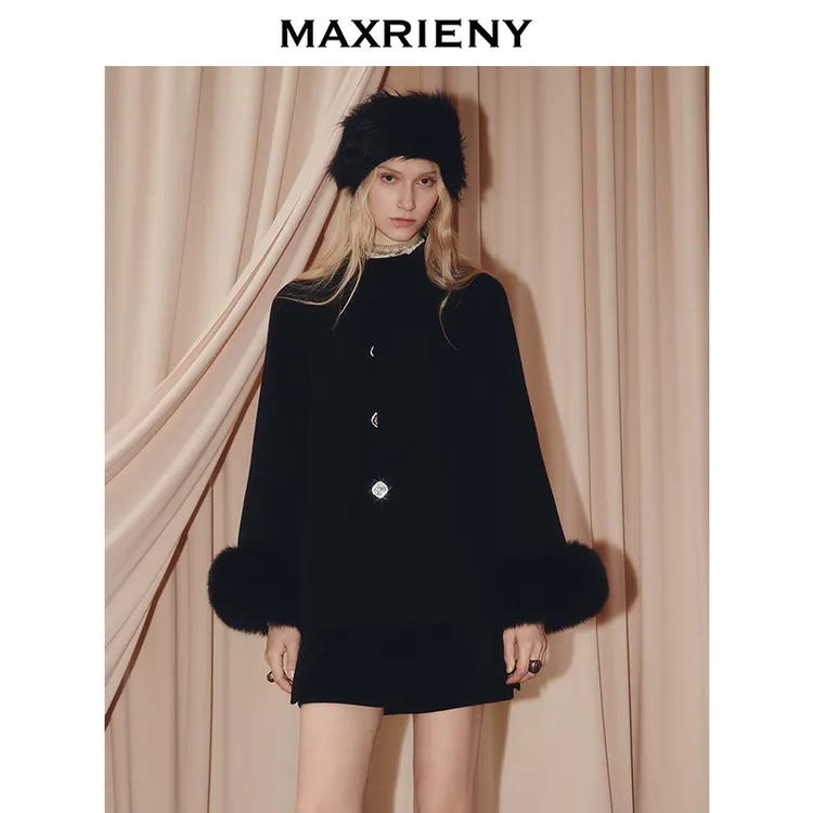 MAXRIENY法式千金风羊毛大衣25冬款保暖狐狸毛袖口毛呢外套斗篷女